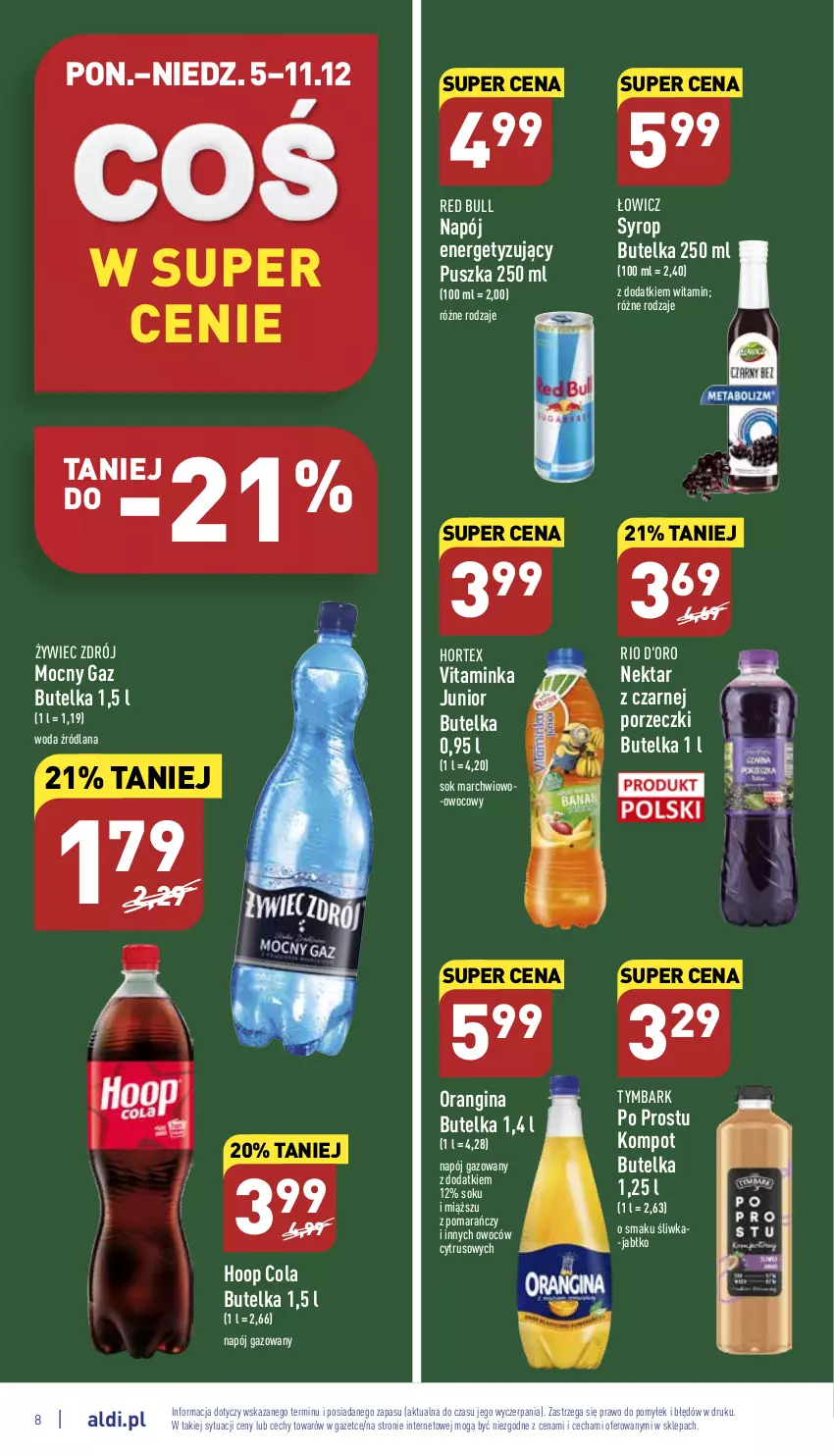 Gazetka promocyjna Aldi - Pełny katalog - ważna 05.12 do 11.12.2022 - strona 8 - produkty: Gin, Hoop, Hortex, Inka, LANA, Napój, Napój gazowany, Nektar, Por, Red Bull, Sok, Syrop, Tymbark, Woda