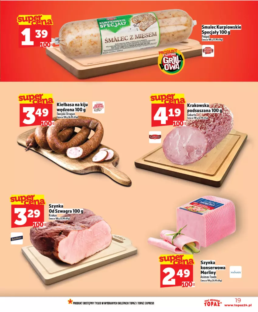 Gazetka promocyjna Topaz - Gazetka - ważna 07.05 do 13.05.2026 - strona 19 - produkty: Gra, Kiełbasa, Krakus, Morliny, Pekpol, Ser, Smalec, Szynka, Szynka konserwowa, Top