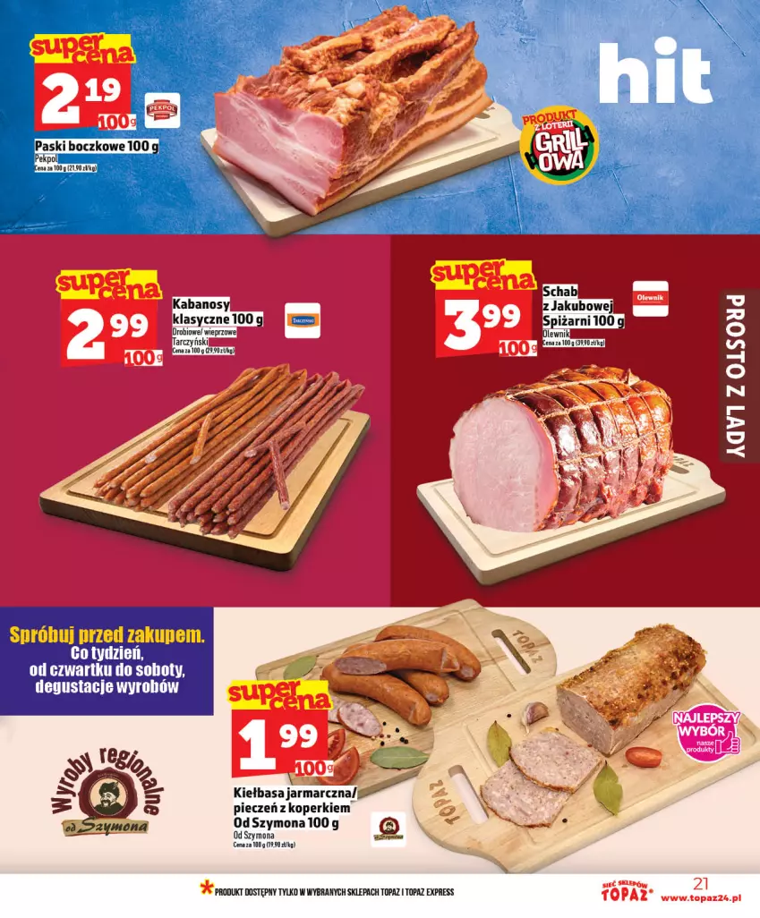Gazetka promocyjna Topaz - Gazetka - ważna 07.05 do 13.05.2026 - strona 21 - produkty: Kabanos, Kiełbasa, Piec, Tarczyński, Top
