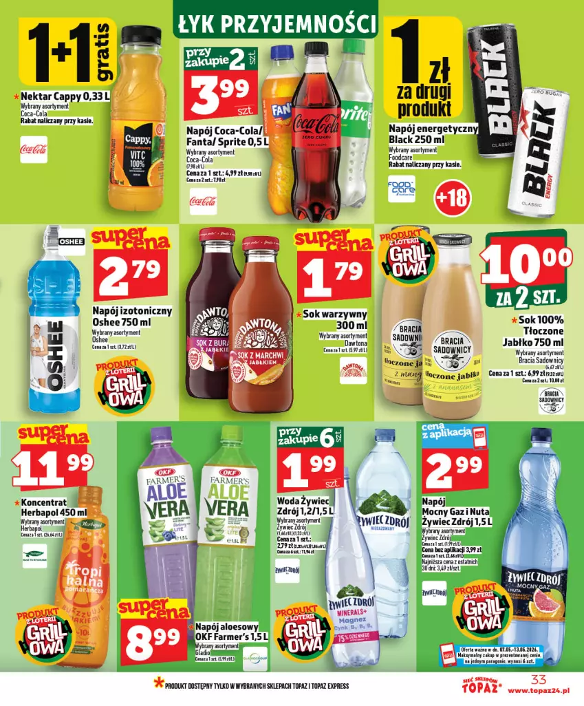 Gazetka promocyjna Topaz - Gazetka - ważna 07.05 do 13.05.2026 - strona 33 - produkty: Cappy, Coca-Cola, Dawtona, Fa, Fanta, Gra, Herbapol, Lack, Napój, Napój energetyczny, Napój izotoniczny, Nektar, Oshee, Pax, Sok, Sprite, Top, Woda