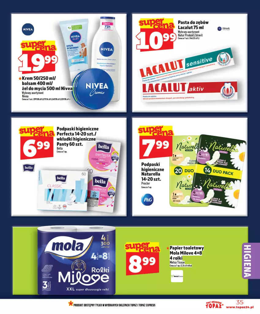 Gazetka promocyjna Topaz - Gazetka - ważna 07.05 do 13.05.2026 - strona 35 - produkty: Lacalut, Mola, Naturell, Naturella, Nivea, Papier, Papier toaletowy, Pasta do zębów, Perfecta, Podpaski, Rolki, Top, Wkładki