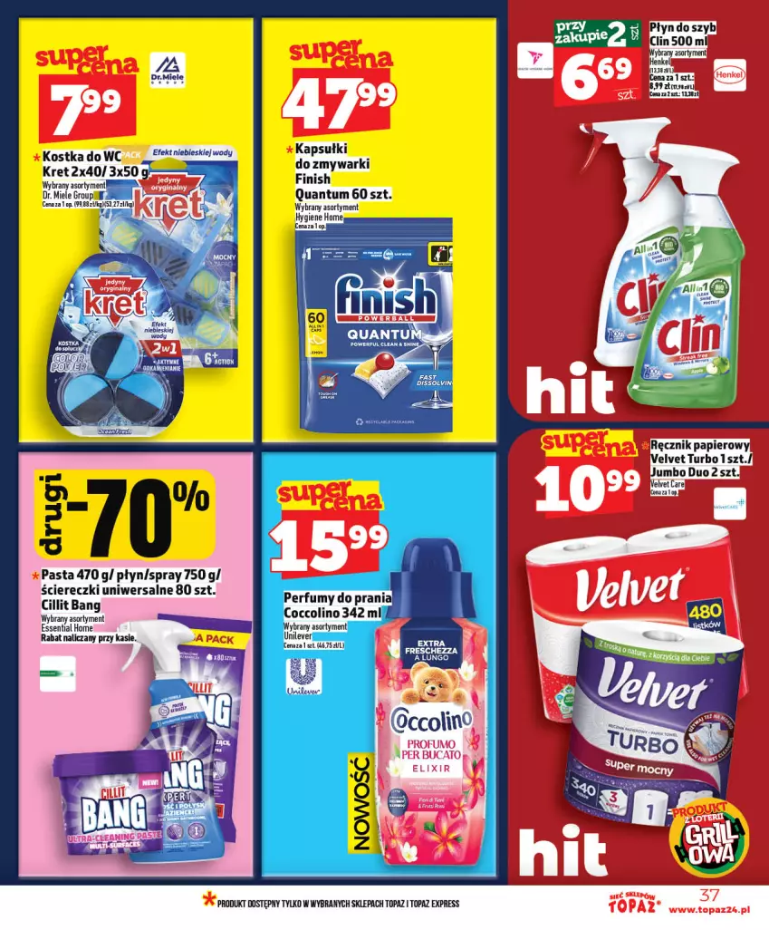 Gazetka promocyjna Topaz - Gazetka - ważna 07.05 do 13.05.2026 - strona 37 - produkty: Cillit Bang, Kostka do wc, Kret, Papier, Płyn do szyb, Ręcznik, Top, Velvet