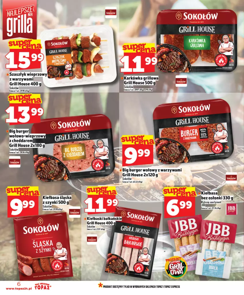 Gazetka promocyjna Topaz - Gazetka - ważna 07.05 do 13.05.2026 - strona 6 - produkty: Burger, Cheddar, Dell, Grill, Kiełbasa, Kiełbasa śląska, Sok, Sokołów, Top, Warzywa