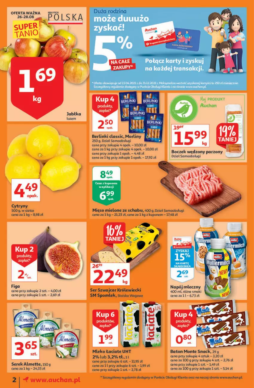 Gazetka promocyjna Auchan - Rysuje się przerwa na coś pysznego Moje Auchan - ważna 26.08 do 01.09.2021 - strona 2 - produkty: Baton, Berlinki, Boczek, Cytryny, Jabłka, Mięso, Mięso mielone, Mleko, Monte, Morliny, Napój, Ser, Tran