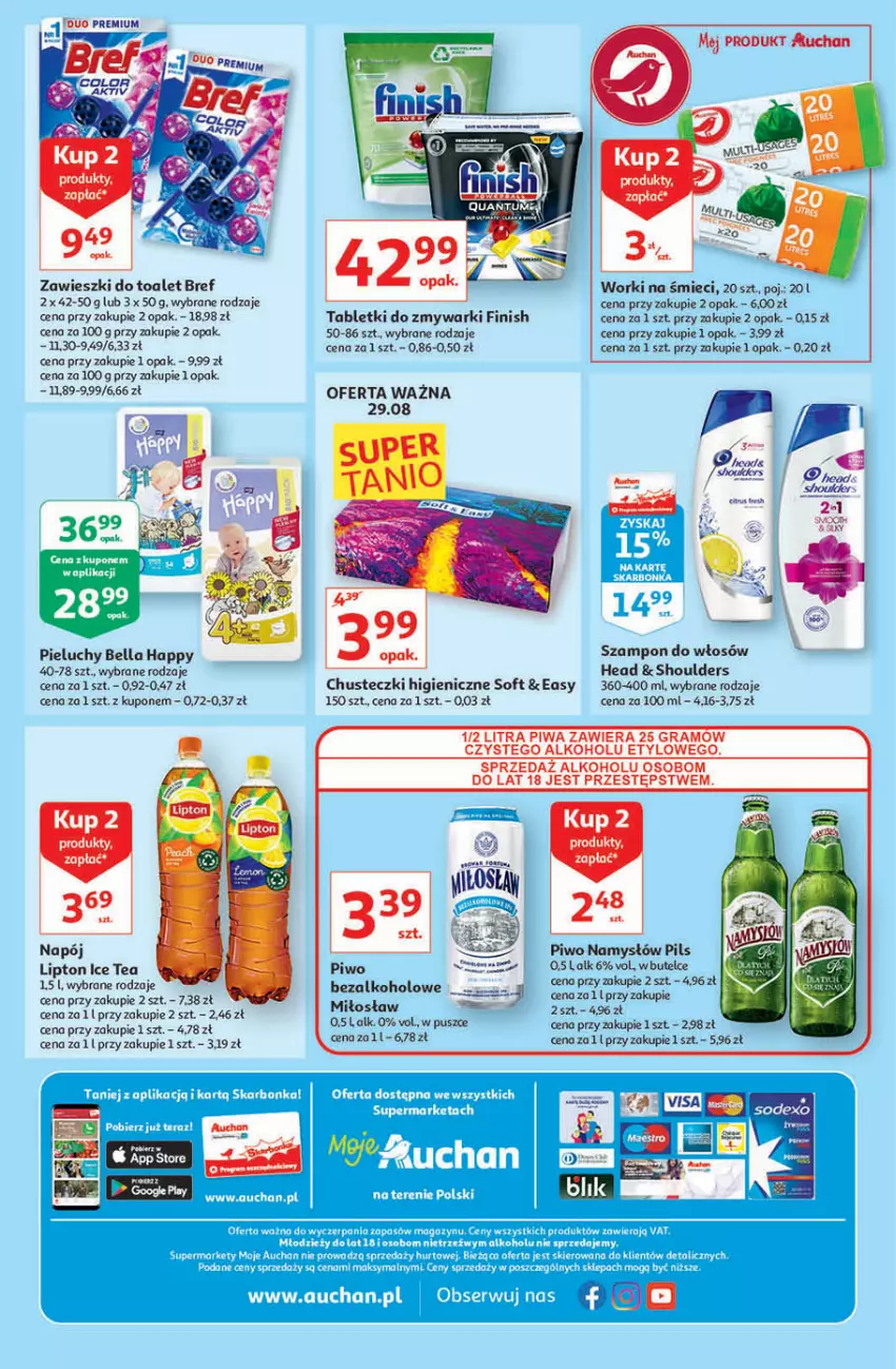 Gazetka promocyjna Auchan - Rysuje się przerwa na coś pysznego Moje Auchan - ważna 26.08 do 01.09.2021 - strona 4 - produkty: Bell, Bella, Bref, Chusteczki, Finish, Gra, Gry, Ice tea, Lipton, Namysłów, Napój, Pieluchy, Piwa, Piwo, Ser, Szampon, Tablet, Tabletki do zmywarki, Worki na śmiec, Worki na śmieci, Zawieszki, Zmywarki