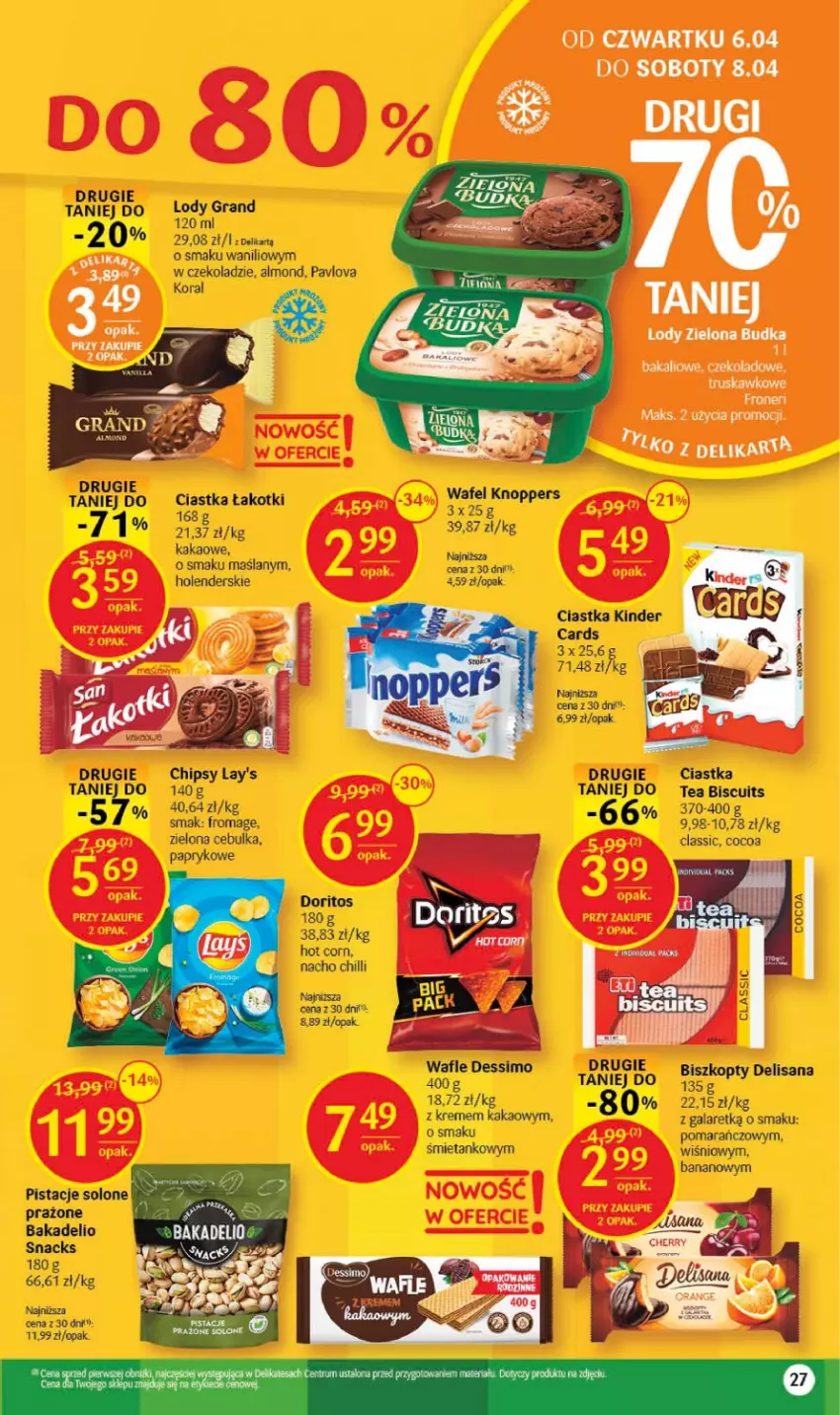 Gazetka promocyjna Delikatesy Centrum - Gazetka DC13 - ważna 30.03 do 08.04.2023 - strona 27 - produkty: Chipsy, Ciastka, Gala, Gra, Isana, Kakao, Kinder, Lody, Pistacje, Zielona Budka