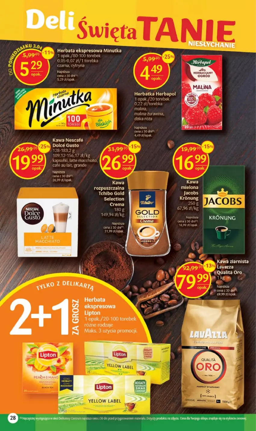 Gazetka promocyjna Delikatesy Centrum - Gazetka DC13 - ważna 30.03 do 08.04.2023 - strona 28 - produkty: Chia, Dolce Gusto, Gra, Herbaciany ogrod, Herbapol, Herbata, Jacobs, Kawa, Kawa mielona, Kawa rozpuszczalna, Kawa ziarnista, Lavazza, Lipton, Róża, Rum, Tchibo, Torebka