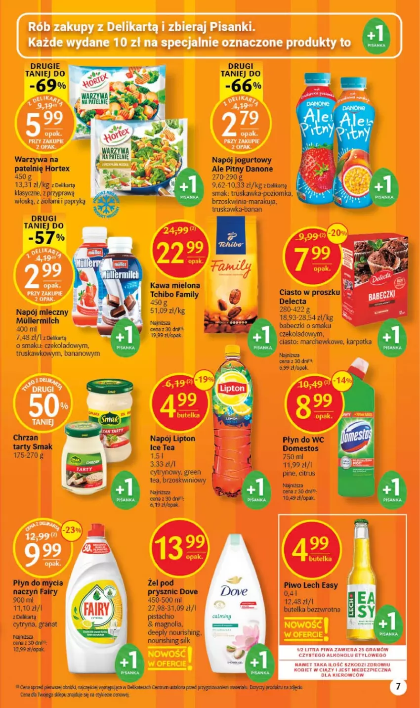 Gazetka promocyjna Delikatesy Centrum - Gazetka DC13 - ważna 30.03 do 08.04.2023 - strona 7 - produkty: Babeczki, Chrzan, Danone, Delecta, Domestos, Dove, Fa, Fairy, Gra, Granat, Hortex, Ice tea, Jogurt, Karp, Kawa, Kawa mielona, Lipton, Napój, Napój jogurtowy, Napój mleczny, Piec, Piwa, Piwo, Płyn do mycia, Płyn do wc, Rum, Sanki, Tchibo, Tchibo Family, Warzywa