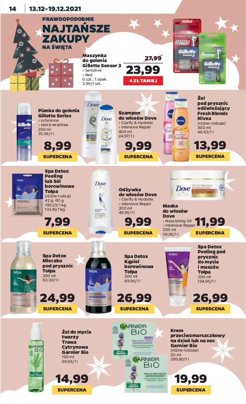 Gazetka promocyjna Netto - Gazetka spożywcza - ważna 13.12 do 19.12.2021 - strona 14 - produkty: Dove, Garnier, Gillette, Krem przeciwzmarszczkowy, Mars, Maska, Maska do włosów, Maszynka, Maszynka do golenia, Mleczko, Nivea, Odżywka, Peeling, Pianka do golenia, Ser, Sól, Szampon, Szynka, Tołpa, Tołpa Spa, Wino