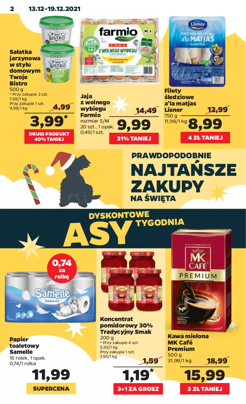 Gazetka promocyjna Netto - Gazetka spożywcza - ważna 13.12 do 19.12.2021 - strona 2 - produkty: Fa, Jaja, Jaja z wolnego wybiegu, Kawa, Kawa mielona, Koncentrat pomidorowy, Lisner, Matjas, Papier, Papier toaletowy, Sałat, Sałatka