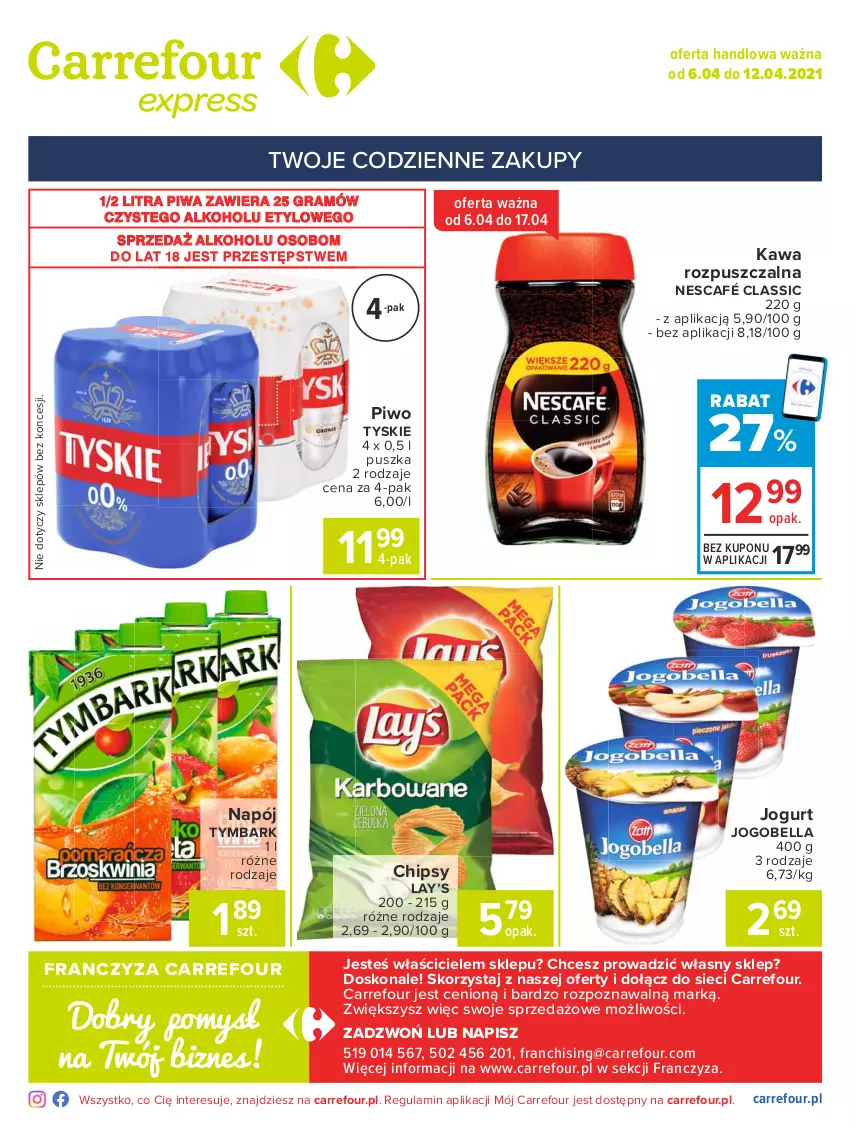 Gazetka promocyjna Carrefour - Gazetka Express - ważna 05.04 do 12.04.2021 - strona 2 - produkty: Bell, Bella, Chipsy, Gra, Jogobella, Jogurt, Kawa, Kawa rozpuszczalna, Lay’s, Napój, Nescafé, Piwa, Piwo, Tymbark, Tyskie