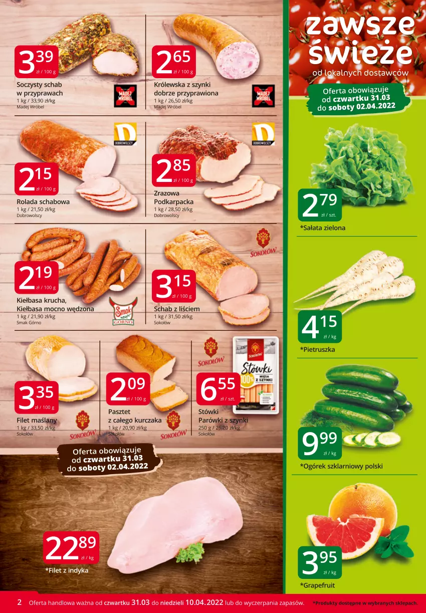 Gazetka promocyjna Market Vita - Gazetka promocyjna – Marketvita - ważna 31.03 do 10.04.2022 - strona 2 - produkty: Gra, Karp, Kiełbasa, Kiełbasa krucha, Kurczak, Madej Wróbel, Ogórek, Parówki, Pasztet, Pietruszka, Rolada, Sałat, Sok, Sokołów