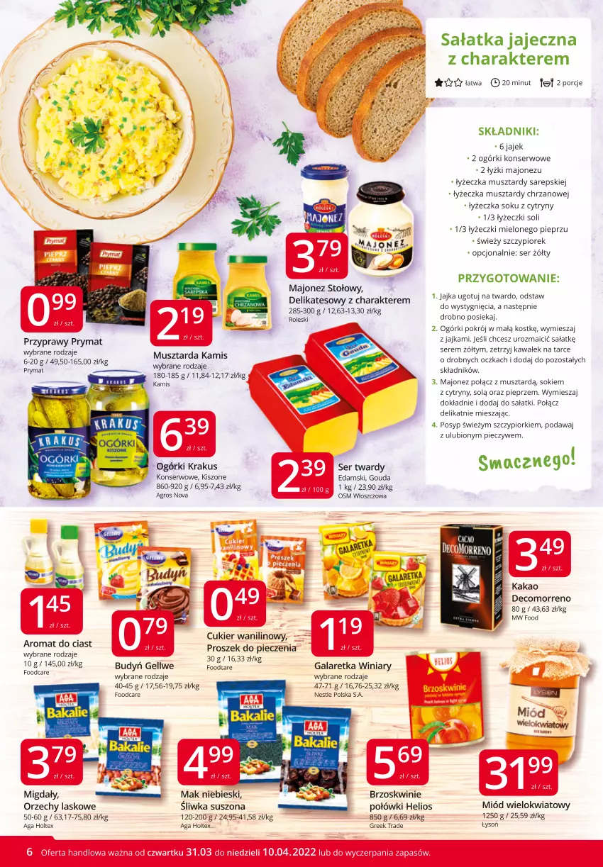 Gazetka promocyjna Market Vita - Gazetka promocyjna – Marketvita - ważna 31.03 do 10.04.2022 - strona 6 - produkty: Brzoskwinie, Budyń, Chrzan, Cukier, Cukier wanilinowy, Cytryny, Edam, Gala, Galaretka, Gouda, Helio, Kakao, Kamis, Kawa, Krakus, Majonez, Miód, Mus, Musztarda, Ogórki konserwowe, Piec, Pieprz, Por, Proszek do pieczenia, Prymat, Przyprawy, Sałat, Sałatka, Ser, Sok, Wałek, Winiary