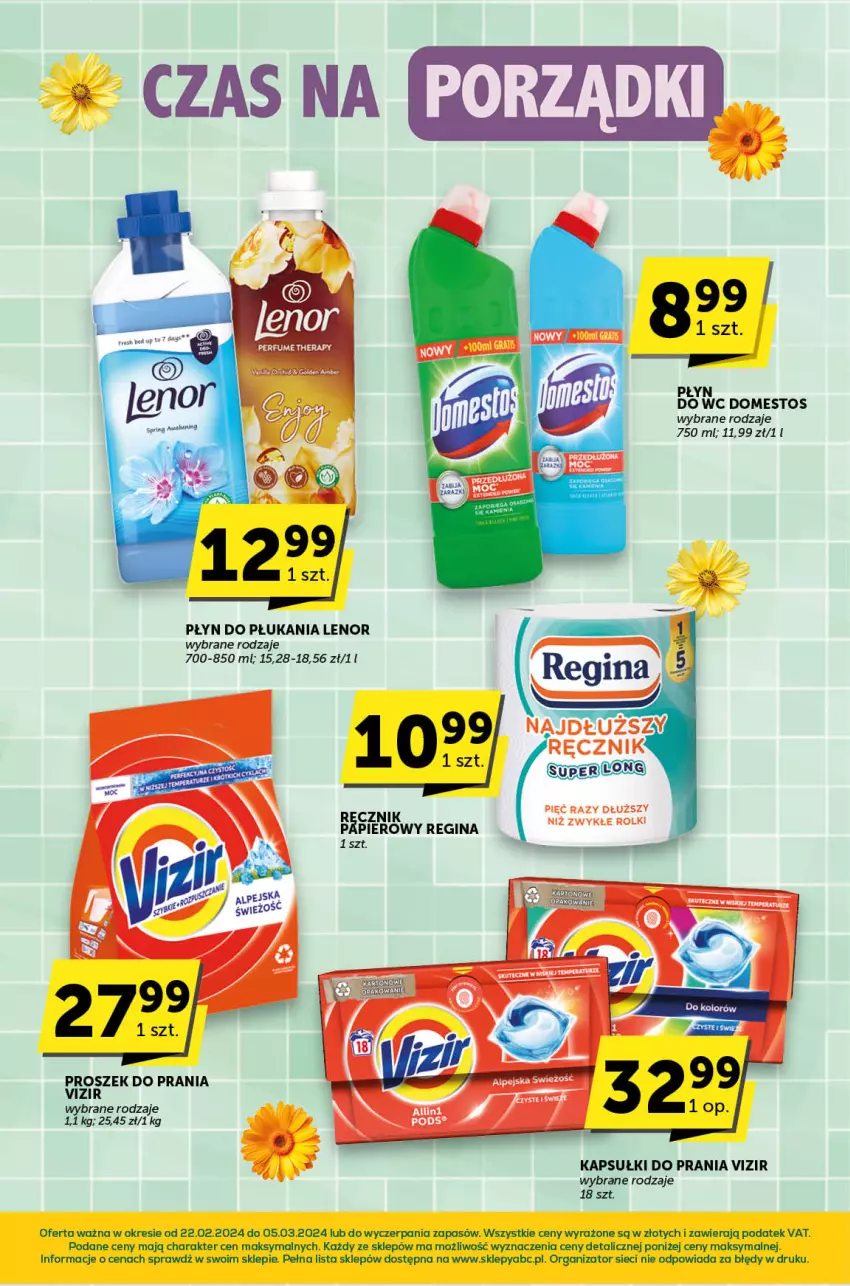 Gazetka promocyjna ABC - ważna 22.02 do 05.03.2024 - strona 19 - produkty: Domestos, Gin, Kapsułki do prania, Lenor, Papier, Perfum, Płyn do płukania, Proszek do prania, Ręcznik, Rolki, Vizir