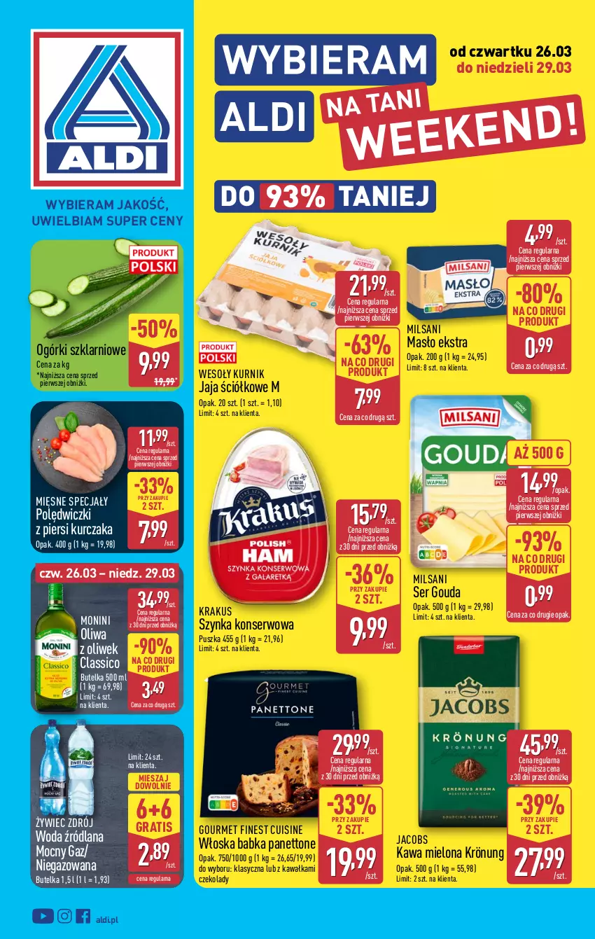 Gazetka promocyjna Aldi - Oferta weekendowa - ważna 26.03 do 29.03.2026 - strona 1 - produkty: Babka, Gouda, Gra, Jacobs, Jaja, Kawa, Kawa mielona, Krakus, Kurczak, LANA, Masło, Mięsne specjały, Monini, Oliwa z oliwek, Ser, Szynka, Szynka konserwowa, Woda