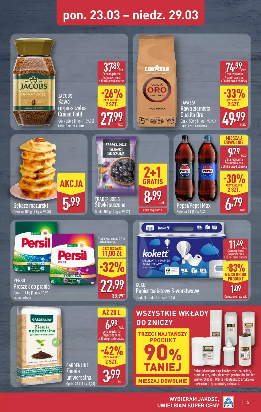 Gazetka promocyjna Aldi - Oferta weekendowa - ważna 26.03 do 29.03.2026 - strona 5 - produkty: Gra, Jacobs, Kawa, Kawa rozpuszczalna, Kawa ziarnista, Lavazza, Papier, Papier toaletowy, Pepsi, Pepsi max, Persil, Proszek do prania, Sękacz, Znicz