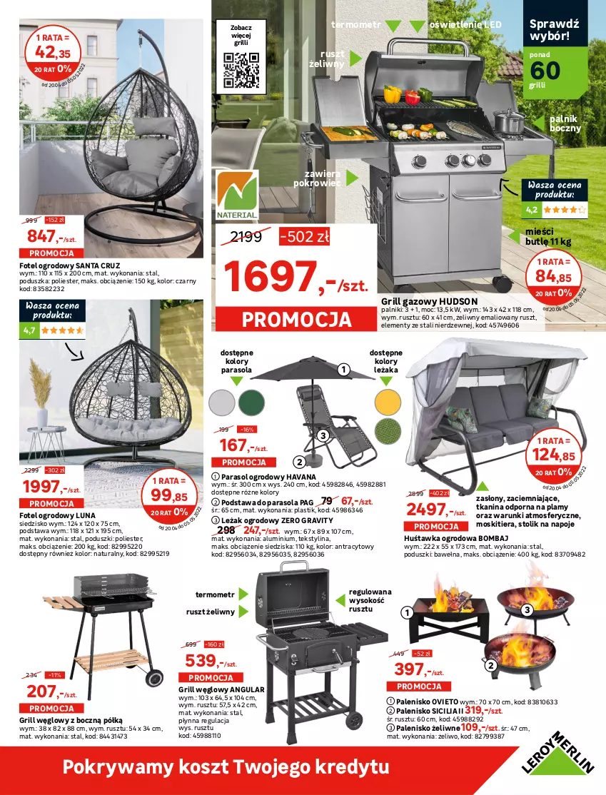 Gazetka promocyjna Leroy Merlin - Gazetka Leroy Merlin - ważna 20.04 do 10.05.2022 - strona 3 - produkty: Fotel, Gra, Grill, Grill gazowy, Huśtawka, Kosz, Krzesło, Krzesło ogrodowe, Napoje, Ogród, Palenisko, Parasol, Poduszka, Pokrowiec, Pokrywa, Por, Siedzisko, Sok, Stół, Stolik, Termometr, Wełna