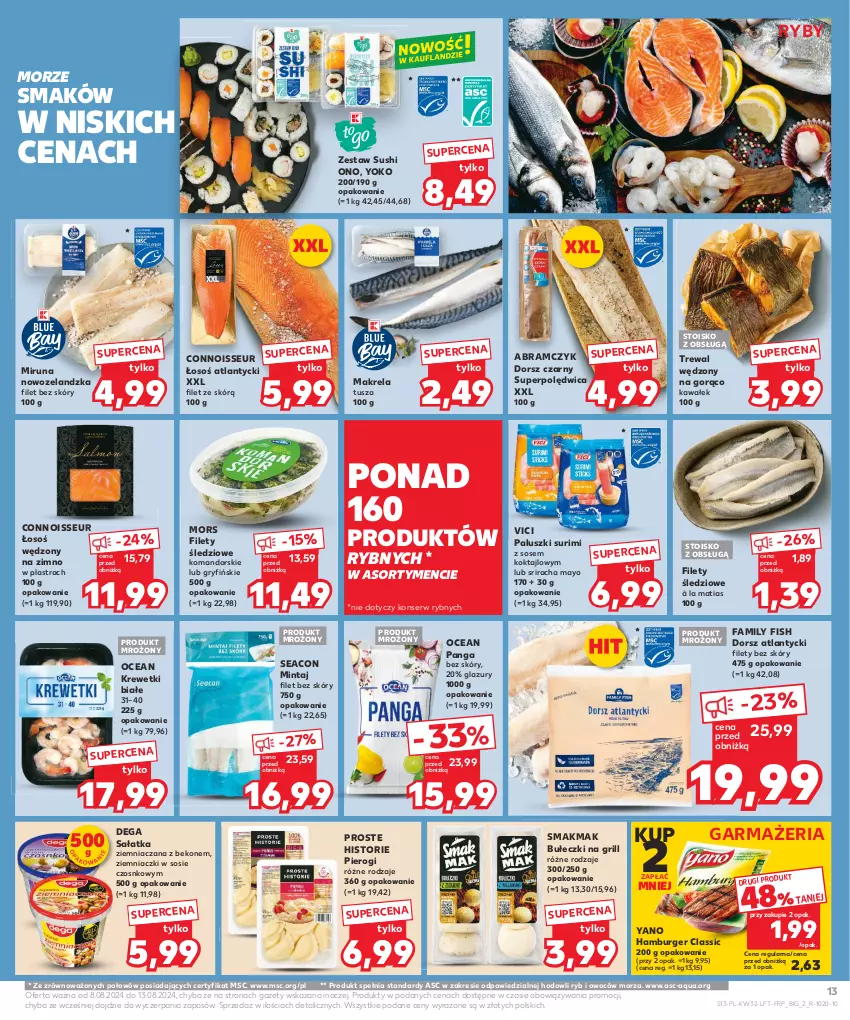 Gazetka promocyjna Kaufland - Gazetka tygodnia - ważna 08.08 do 13.08.2024 - strona 13 - produkty: Beko, Bułeczki, Burger, Dega, Dorsz, Fa, Grill, Gry, Hamburger, Kawa, Krewetki, Lazur, Mintaj, Miruna, Panga, Pierogi, Polędwica, Sałat, Sałatka, Ser, Sos, Surimi, Sushi, Tusz, Wałek