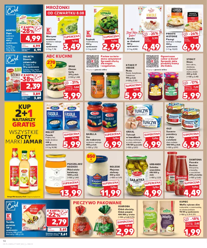 Gazetka promocyjna Kaufland - Gazetka tygodnia - ważna 08.08 do 13.08.2024 - strona 14 - produkty: Barilla, Bazyl, Chleb, Chrzan, Cukier, Dawtona, Delecta, Dżem, Fa, Fasola, Gra, Graal, Hortex, Kawa, Knedle, Ksylitol, Kupiec, Majonez, Makaron, Melvit, Miód, Ole!, Olej, Pesto, Piec, Pieczywo, Pierogi, Pomidory, Rust, Ryż, Sałat, Sałatka, Sos, Sos do makaronu, Suszone pomidory, Szpinak, Tortilla, Tuńczyk, Wafle, Waga, Warzywa, Zupa