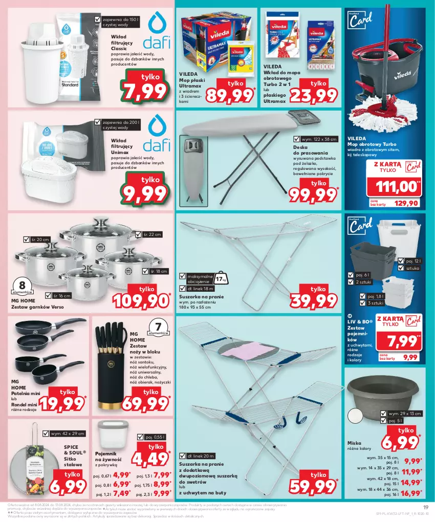 Gazetka promocyjna Kaufland - Gazetka tygodnia - ważna 08.08 do 13.08.2024 - strona 19 - produkty: Buty, Chleb, Deska do prasowania, Gra, Miska, Mop, Noż, Nóż do chleba, Nóż uniwersalny, Nożyczki, Patelnia, Pojemnik, Rama, Rondel, Sitko, Sok, Suszarka, Suszarka na pranie, Teleskop, Vileda, Wiadro, Wkład do mopa, Wkład filtrujący