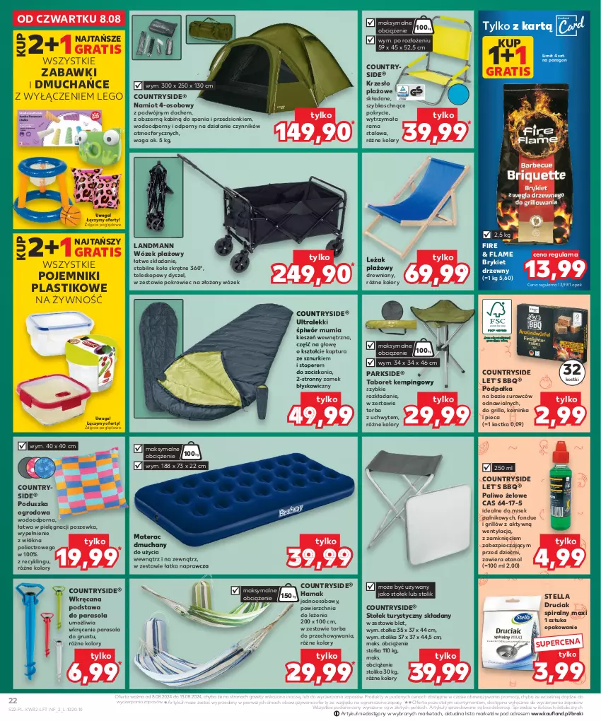 Gazetka promocyjna Kaufland - Gazetka tygodnia - ważna 08.08 do 13.08.2024 - strona 22 - produkty: Brykiet drzewny, Dres, Fondue, Gra, Grill, Grunt, Hama, Inka, Krzesło, LEGO, Materac, Materac dmuchany, Namiot, Parasol, Parkside, Piec, Poduszka, Pojemnik, Pokrowiec, Por, Poszewka, Rama, Stołek, Stolik, Taboret, Teleskop, Tera, Top, Torba, Waga, Wózek