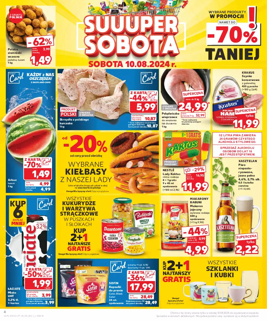 Gazetka promocyjna Kaufland - Gazetka tygodnia - ważna 08.08 do 13.08.2024 - strona 4 - produkty: Arbuz, Babuni, Gala, Gra, Grunt, Kaktus, Kapsułki do prania, Kasztelan, Krakus, Kurczak, Lack, Lanki, Lody, Makaron, Mleko, Nestlé, Piwa, Piwo, Polędwiczka wieprzowa, Ser, Szynka, Szynka konserwowa, Waga, Warzywa, Ziemniaki