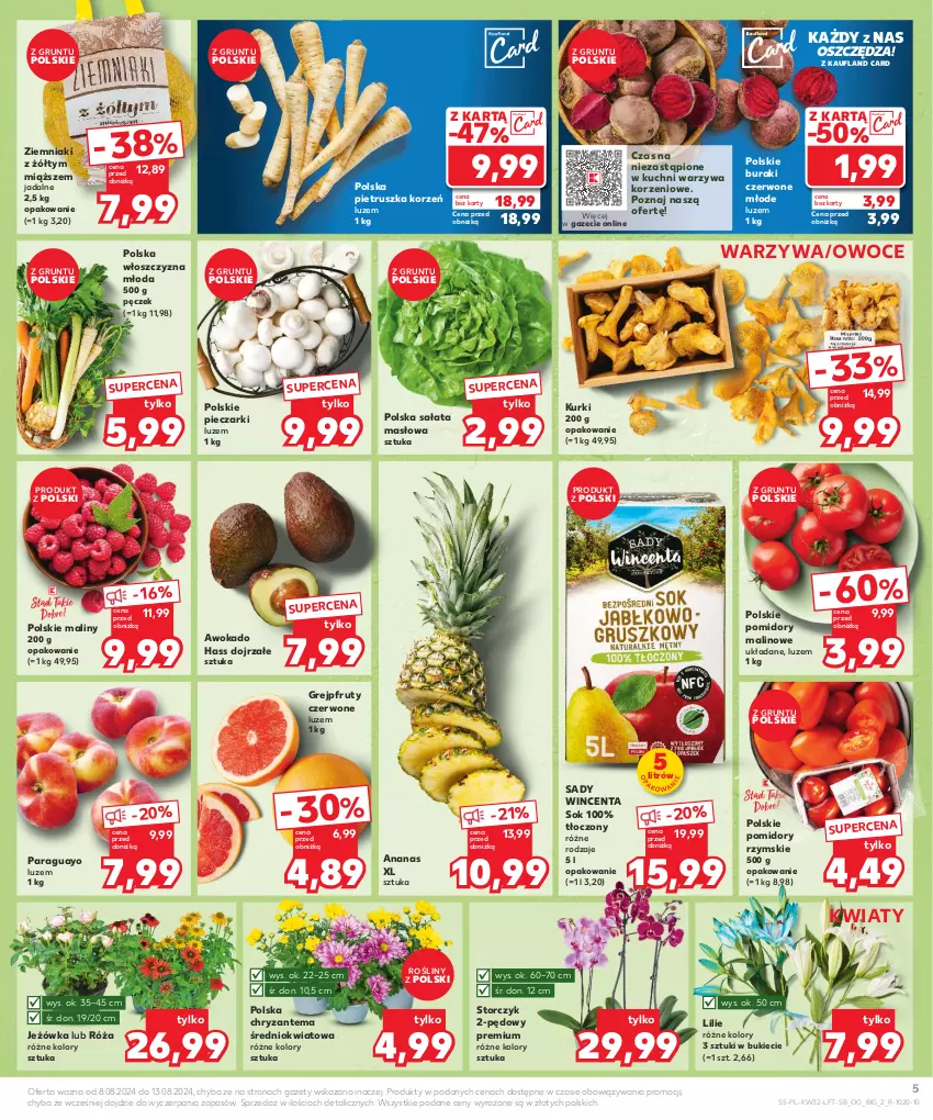 Gazetka promocyjna Kaufland - Gazetka tygodnia - ważna 08.08 do 13.08.2024 - strona 5 - produkty: Ananas, Buraki, Chryzantema, Grejpfrut, Grunt, Maliny, Masło, Owoce, Piec, Pietruszka, Pomidory, Róża, Sałat, Sałata masłowa, Sok, Storczyk, Warzywa, Ziemniaki