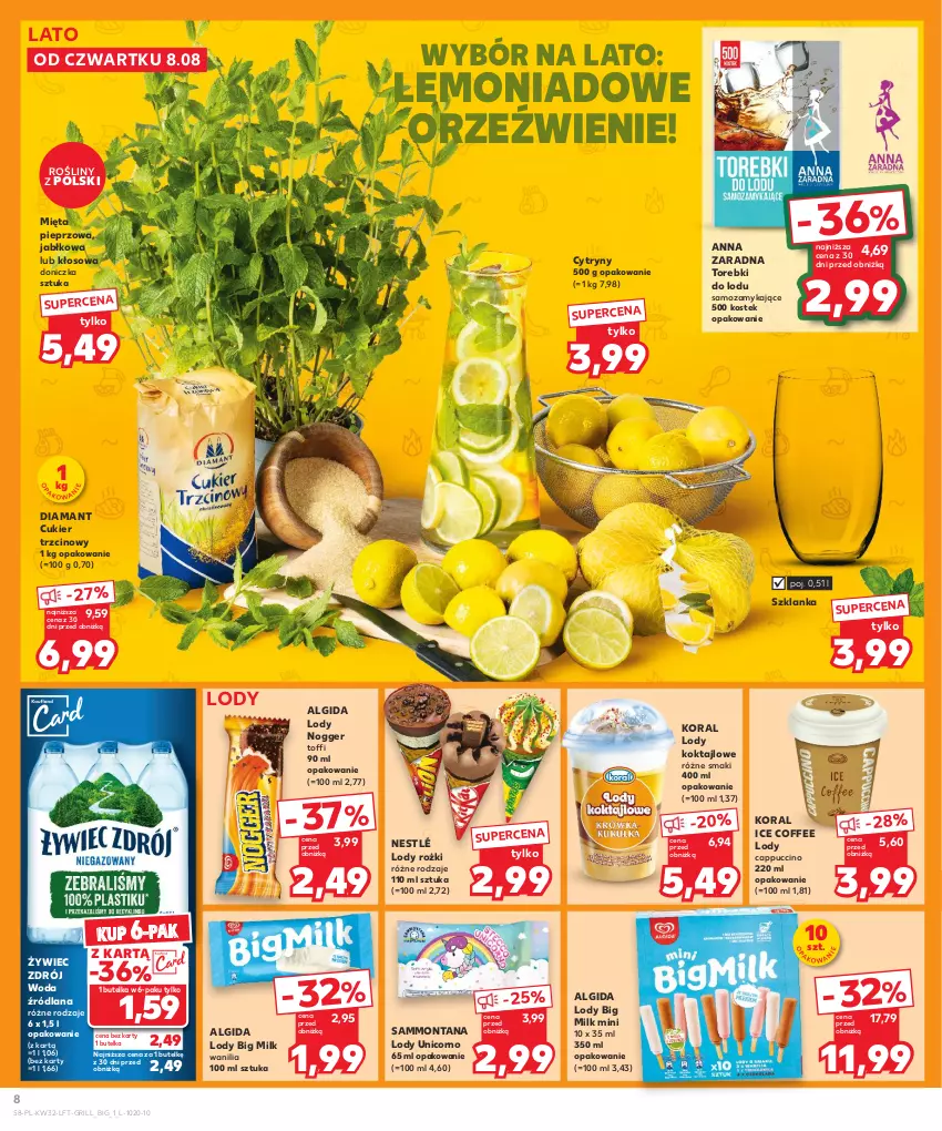 Gazetka promocyjna Kaufland - Gazetka tygodnia - ważna 08.08 do 13.08.2024 - strona 8 - produkty: Algida, Big Milk, Cappuccino, Cukier, Cukier trzcinowy, Cytryny, Diamant, Grill, LANA, LG, Lody, Mięta, Nestlé, Pieprz, Stek, Szklanka, Woda