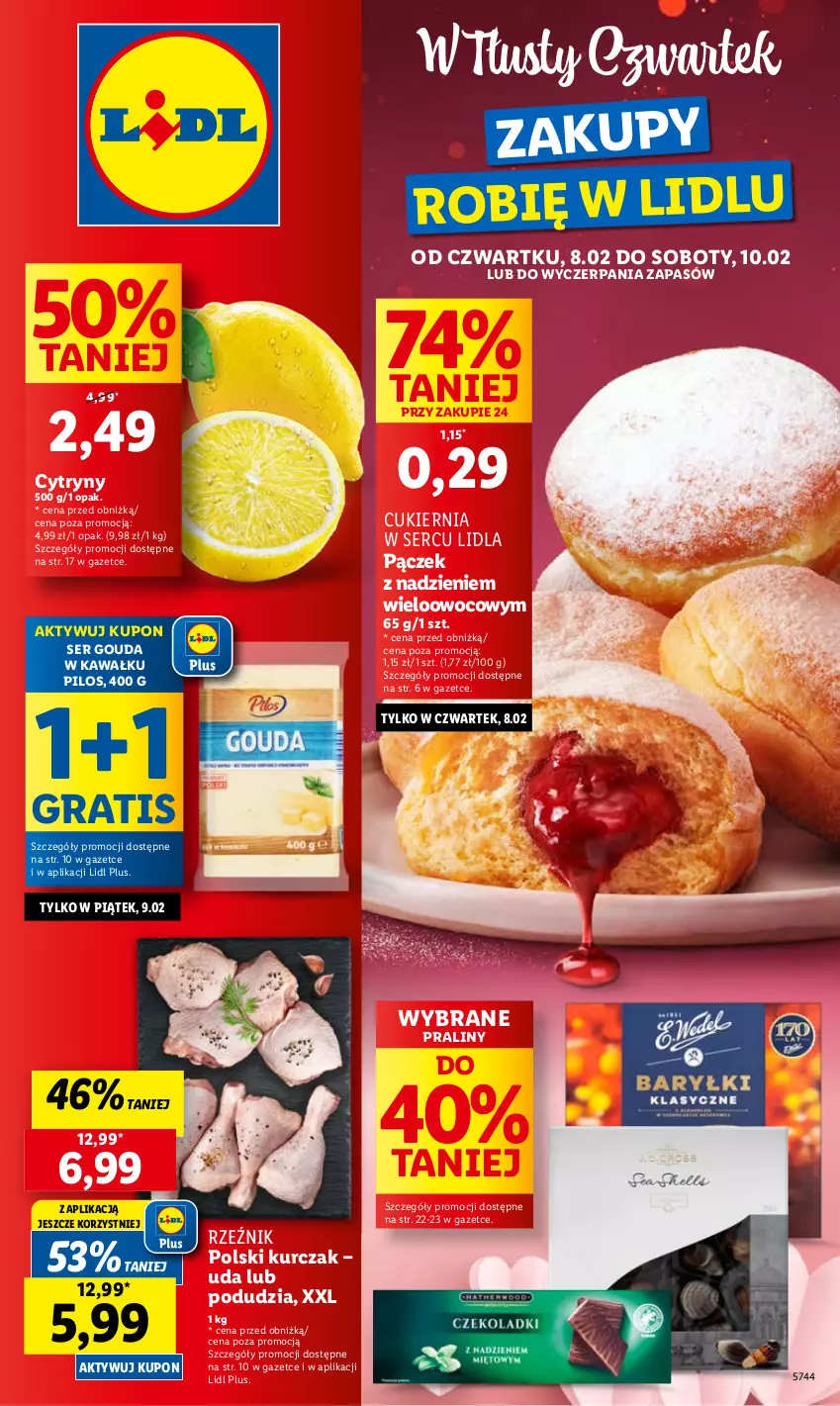 Gazetka promocyjna Lidl - GAZETKA - ważna 08.02 do 10.02.2024 - strona 1 - produkty: Cukier, Cytryny, Gouda, Gra, Kawa, Kurczak, Pączek, Pilos, Praliny, Ser