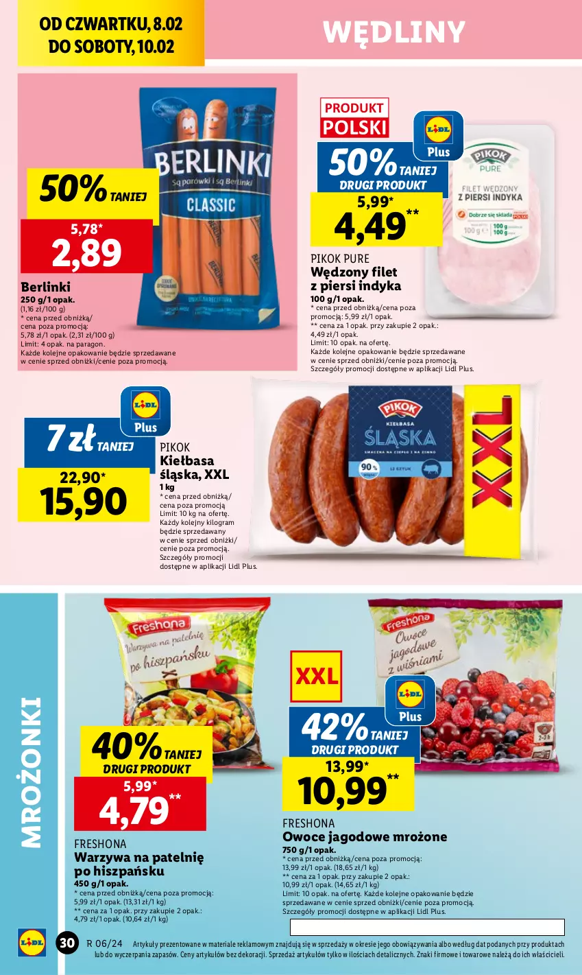 Gazetka promocyjna Lidl - GAZETKA - ważna 08.02 do 10.02.2024 - strona 36 - produkty: Berlinki, Filet z piersi indyka, Gra, Kiełbasa, Kiełbasa śląska, Olej, Owoce, PIKOK, Pur, Warzywa