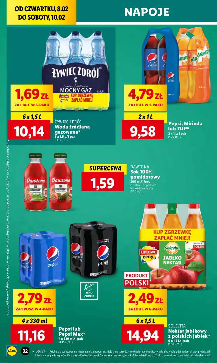 Gazetka promocyjna Lidl - GAZETKA - ważna 08.02 do 10.02.2024 - strona 38 - produkty: 7up, Dawtona, LANA, Mirinda, Napoje, Nektar, Pepsi, Pepsi max, Sok, Woda