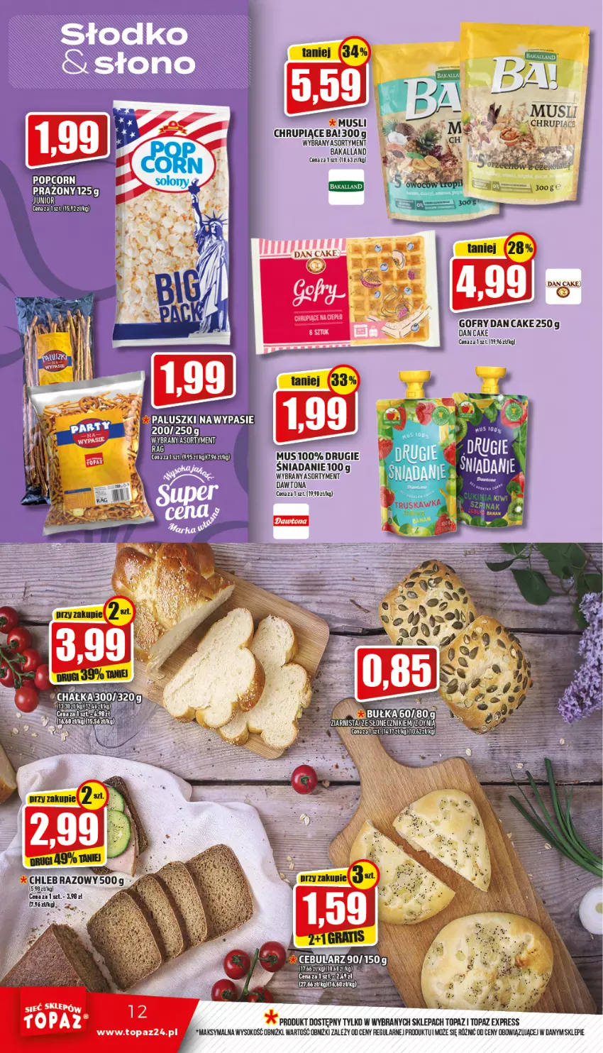 Gazetka promocyjna Topaz - Gazetka - ważna 28.07 do 03.08.2022 - strona 12 - produkty: Ba!, Bakalland, Dan Cake, Gofry, Mus, Sok, Top