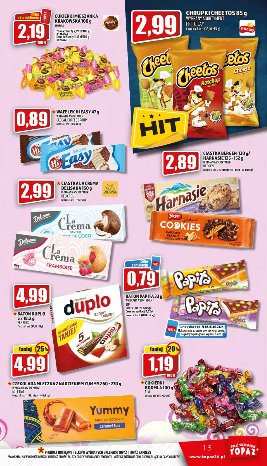 Gazetka promocyjna Topaz - Gazetka - ważna 28.07 do 03.08.2022 - strona 13 - produkty: Baton, Cheetos, Chrupki, Ciastka, Cukier, Cukierki, Czekolada, Czekolada mleczna, Ferrero, Isana, Sok, Top, Wafelek, Wawel