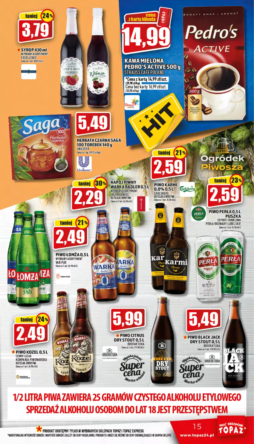 Gazetka promocyjna Topaz - Gazetka - ważna 28.07 do 03.08.2022 - strona 15 - produkty: Fa, Herbata, Herbata czarna, Karmi, Kawa, Kozel, Perła, Piwo, Por, Pur, Radler, Saga, Sok, Syrop, Top, Warka