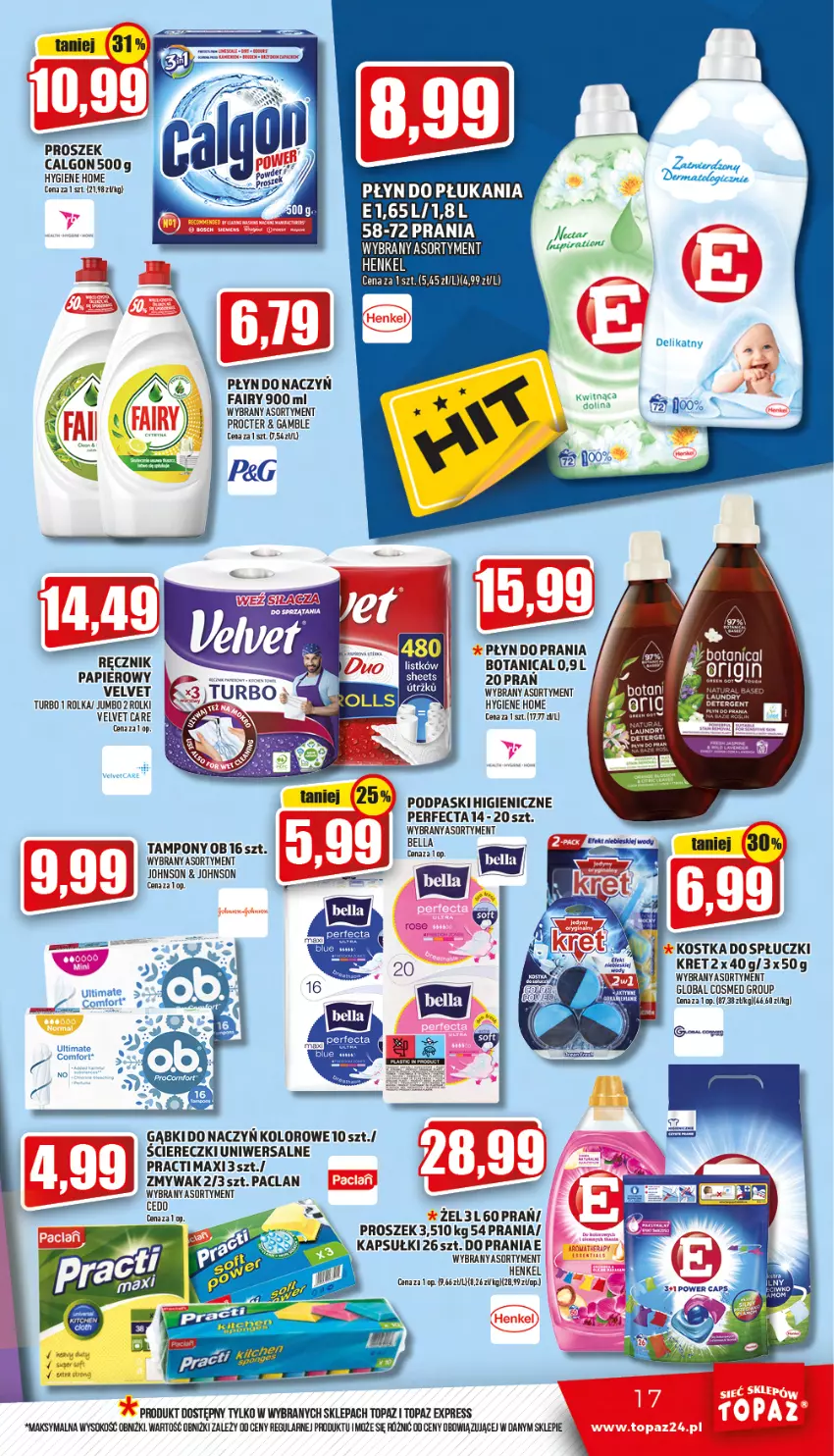 Gazetka promocyjna Topaz - Gazetka - ważna 28.07 do 03.08.2022 - strona 17 - produkty: Calgon, Fa, Fairy, K2, Kret, LG, Papier, Perfecta, Płyn do płukania, Podpaski, Rolki, Sok, Tampony, Top, Velvet