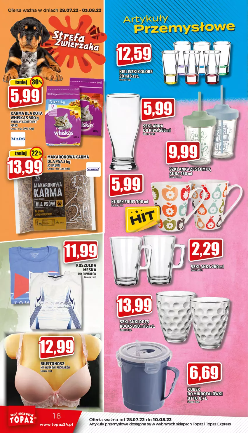 Gazetka promocyjna Topaz - Gazetka - ważna 28.07 do 03.08.2022 - strona 18 - produkty: Babuni, Biustonosz, Kosz, Koszulka, Makaron, Mars, Piwa, Pur, Top, Whiskas