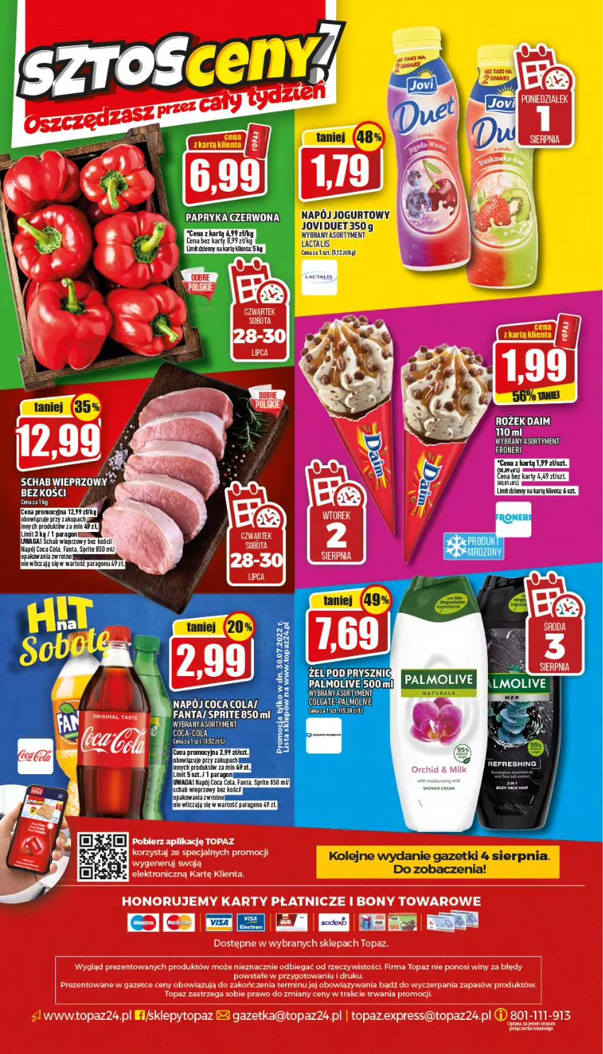 Gazetka promocyjna Topaz - Gazetka - ważna 28.07 do 03.08.2022 - strona 20 - produkty: Colgate, Fa, Fanta, Jogurt, LG, Napój, Napój jogurtowy, Olej, Palmolive, Papryka, Papryka czerwona, Sprite, Top