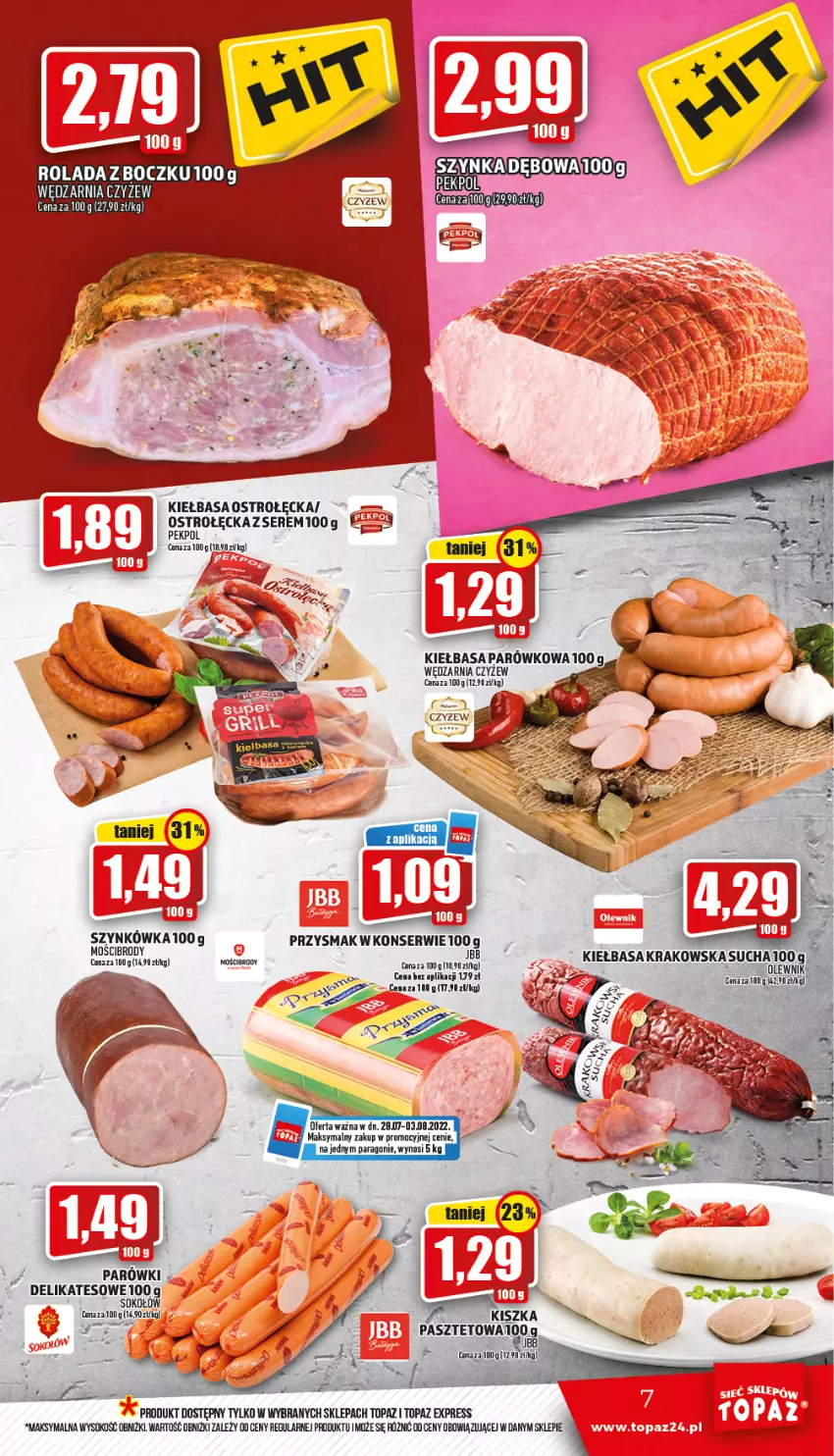 Gazetka promocyjna Topaz - Gazetka - ważna 28.07 do 03.08.2022 - strona 7 - produkty: Kiełbasa, Parówki, Rolada, Ser, Sok, Top