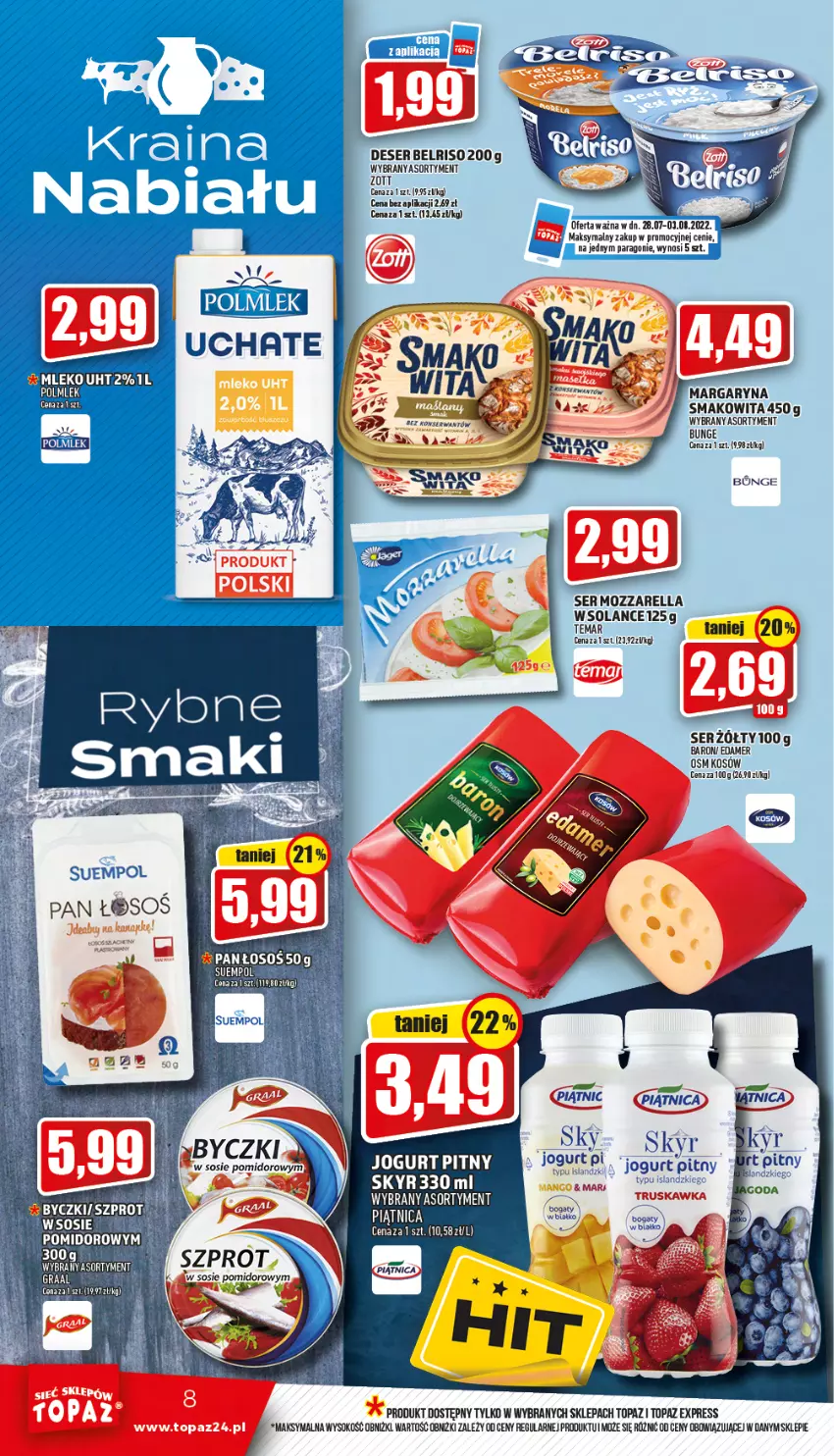 Gazetka promocyjna Topaz - Gazetka - ważna 28.07 do 03.08.2022 - strona 8 - produkty: Belriso, Deser, Edam, Jogurt, Jogurt pitny, Margaryna, Mleko, Mozzarella, Piątnica, POLMLEK, Por, Ser, Smakowita, Sok, Solan, Sos, Suempol, Top, Zott