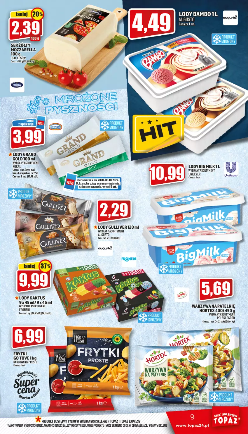 Gazetka promocyjna Topaz - Gazetka - ważna 28.07 do 03.08.2022 - strona 9 - produkty: Frytki, Gra, Hortex, Kaktus, LG, Lody, Mozzarella, Ogród, Ser, Sok, Top, Warzywa