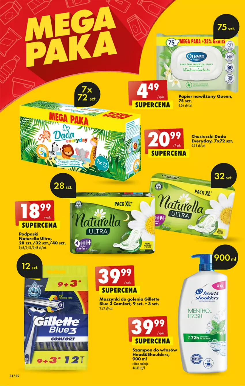 Gazetka promocyjna Biedronka - ważna 08.06 do 14.06.2023 - strona 34 - produkty: Chusteczki, Dada, Gillette, Naturell, Naturella, Papier, Podpaski