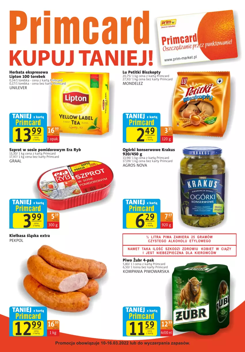 Gazetka promocyjna Prim Market - ważna 10.03 do 16.03.2022 - strona 7 - produkty: Biszkopty, Era Ryb, Gra, Graal, Herbata, Kiełbasa, Kiełbasa śląska, Krakus, Lipton, Ogórki konserwowe, Pekpol, Piwo, Ser, Sos, Szprot, Szprot w sosie, Torebka