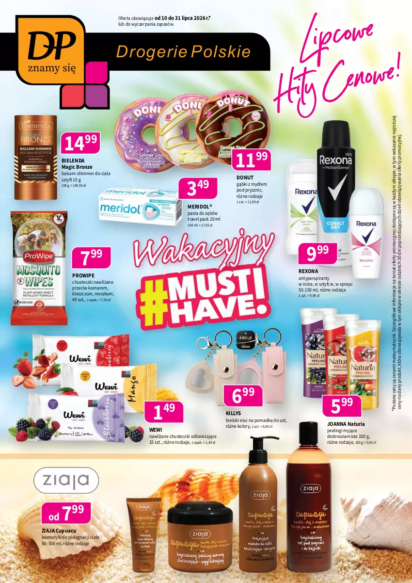 Gazetka promocyjna Drogerie Polskie - Gazetka - ważna 10.07 do 31.07.2026 - strona 1 - produkty: Antyperspirant, Bielenda, Chusteczki, Donut, Joanna, Killys, Kosmetyki do pielęgnacji, Pasta do zębów, Peeling, Rexona, Ziaja