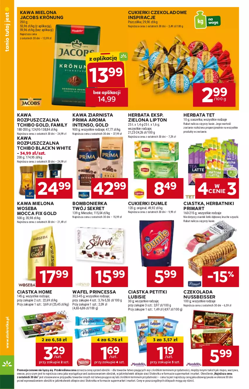 Gazetka promocyjna Stokrotka - Supermarket - ważna 16.05 do 22.05.2024 - strona 24 - produkty: Ciastka, Cukier, Cukierki, Cukierki czekoladowe, Czekolada, Fa, Herbata, Herbatniki, Jacobs, Jacobs Krönung, Kawa, Kawa mielona, Kawa rozpuszczalna, Kawa ziarnista, Kret, Lack, Lipton, Lubisie, Mocca Fix Gold, Prima, Princessa, Ser, Tchibo, Woseba