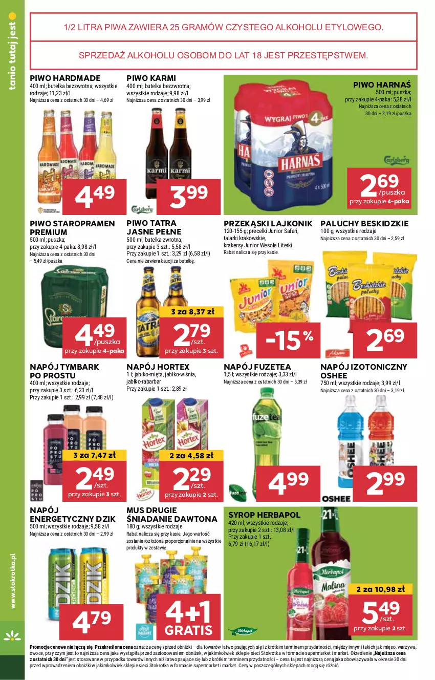 Gazetka promocyjna Stokrotka - Supermarket - ważna 16.05 do 22.05.2024 - strona 28 - produkty: Beskidzki, Dawtona, Fa, Gra, Harnaś, Herbapol, Hortex, Karmi, Krakersy, Lajkonik, Mięso, Mięta, Mus, Napój, Napój energetyczny, Napój izotoniczny, Oshee, Owoce, Piwa, Piwo, Por, Precelki, Syrop, Tatra, Tymbark, Warzywa