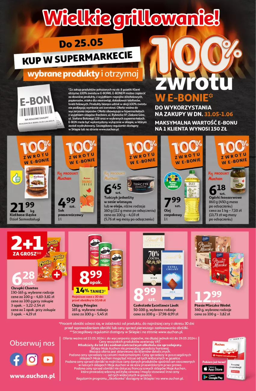 Gazetka promocyjna Auchan - Gazetka Oferty tygodnia Moje Auchan - ważna 23.05 do 29.05.2024 - strona 10 - produkty: Cheetos, Chipsy, Chrupki, Czekolada, Kiełbasa, Kiełbasa śląska, Lindt, Mleczko, Olej, Papier, Pringles, Ptasie mleczko, Sos, Telefon, Tuńczyk