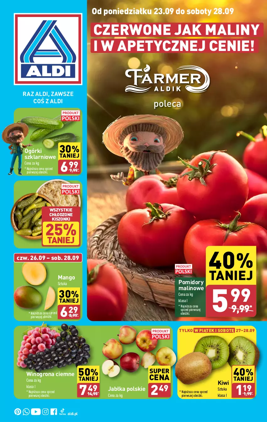 Gazetka promocyjna Aldi - Farmer ALDIK poleca świeże owoce i warzywa - ważna 23.09 do 28.09.2024 - strona 1 - produkty: Jabłka, Kiwi, Maliny, Mango, Pomidory, Wino, Winogrona