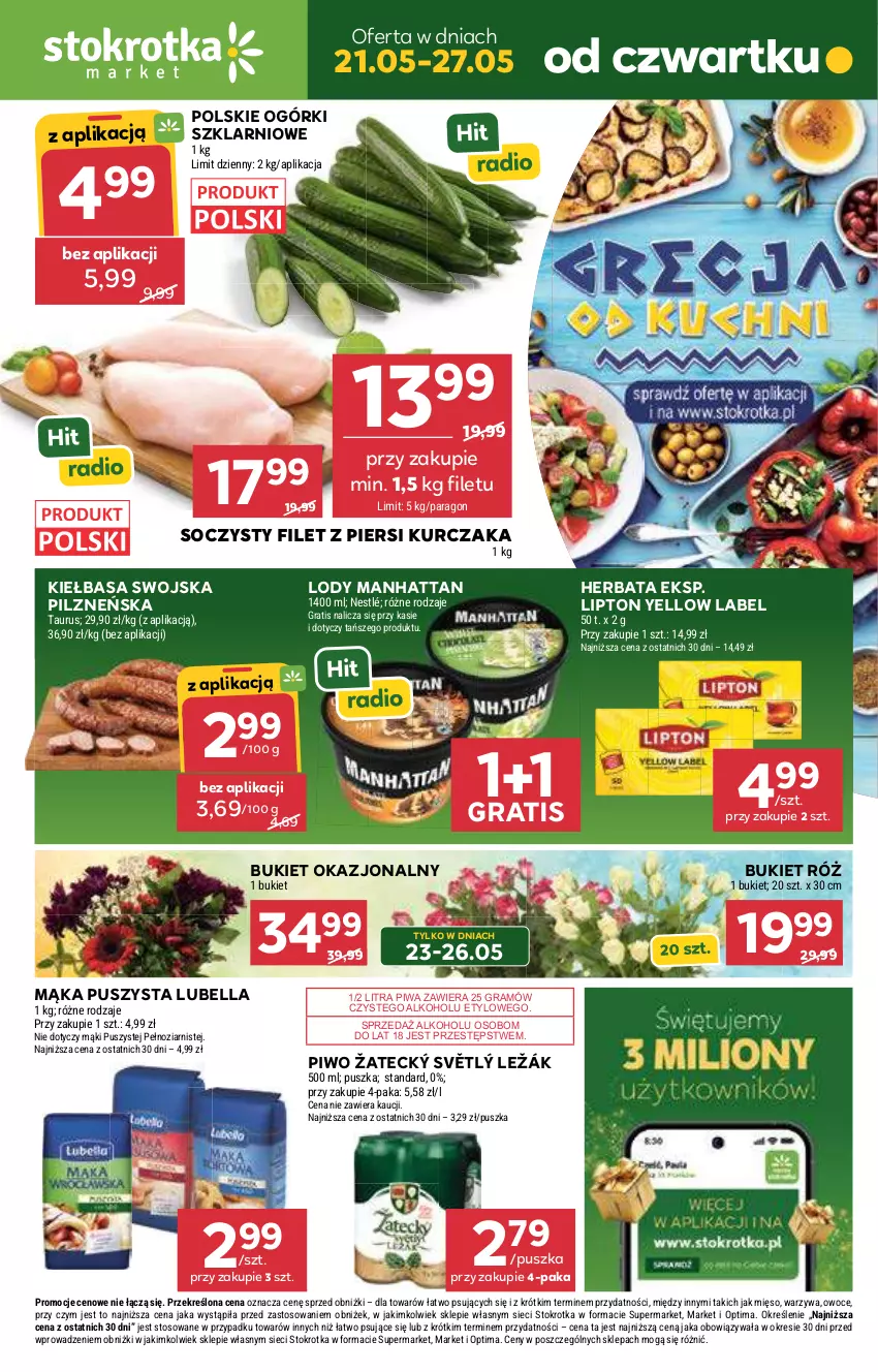 Gazetka promocyjna Stokrotka - Market - ważna 21.05 do 27.05.2026 - strona 1 - produkty: Bell, Bella, Bukiet, Filet z piersi kurczaka, Gra, Herbata, Kiełbasa, Kurczak, Lipton, Lody, Lubella, Mąka, Mięso, Nestlé, Optima, Owoce, Piwa, Piwo, Warzywa