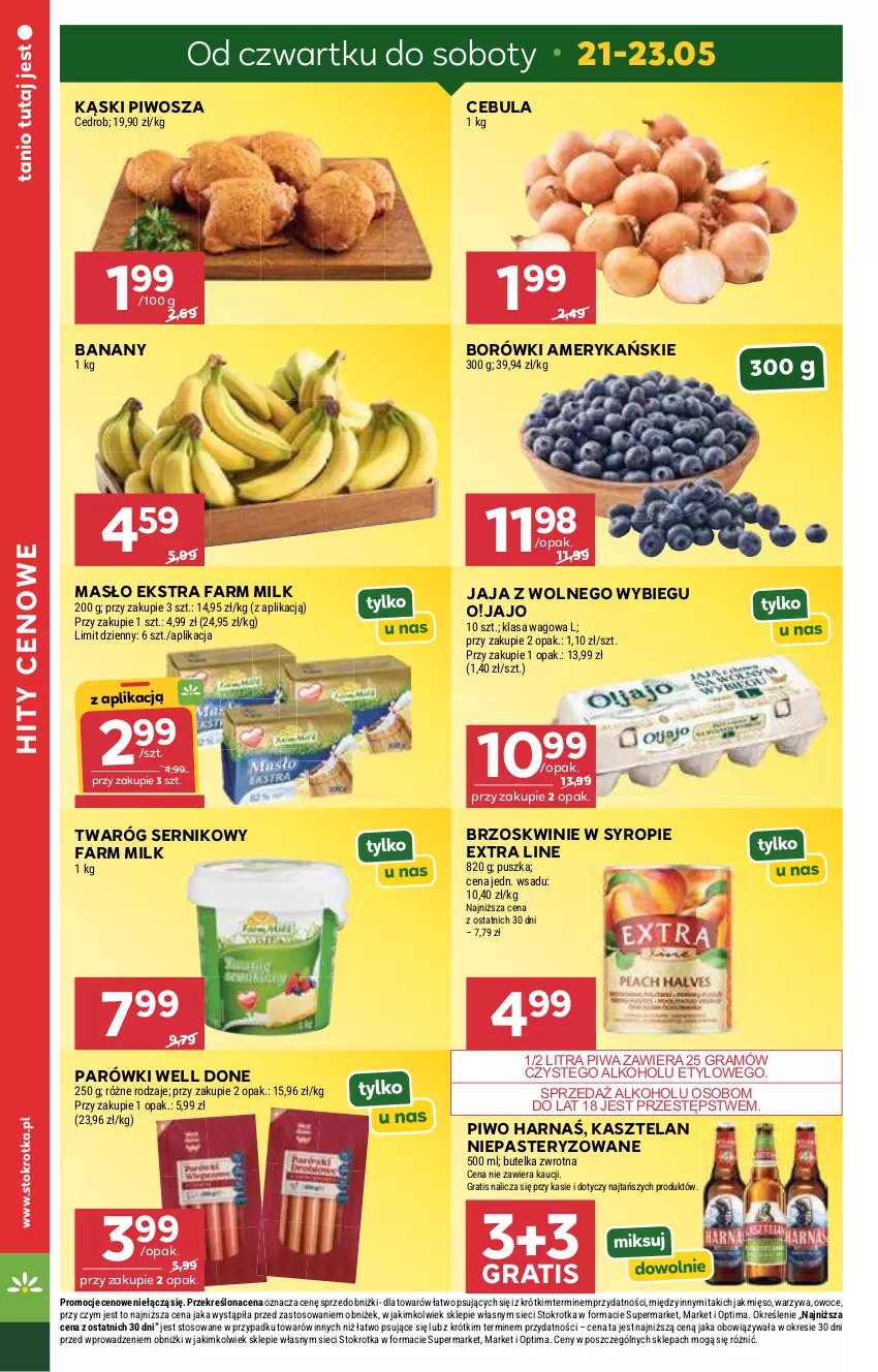 Gazetka promocyjna Stokrotka - Market - ważna 21.05 do 27.05.2026 - strona 2 - produkty: Banany, Brzoskwinie, Cebula, Fa, Farm Milk, Gra, Harnaś, Jaja, Jaja z wolnego wybiegu, Kasztelan, Masło, Mięso, Optima, Owoce, Parówki, Piwa, Piwo, Ser, Syrop, Twaróg, Warzywa