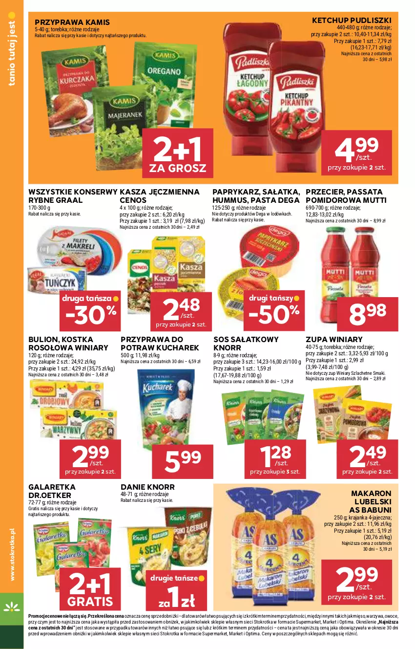 Gazetka promocyjna Stokrotka - Market - ważna 21.05 do 27.05.2026 - strona 22 - produkty: Babuni, Bulion, Cenos, Dega, Gala, Galaretka, Gra, Graal, Hummus, Kamis, Kasza, Kasza jęczmienna, Ketchup, Knorr, Kucharek, Lion, Lodówka, Makaron, Mięso, Mus, Optima, Owoce, Papryka, Paprykarz, Przyprawa do potraw, Pudliszki, Sałat, Sałatka, Ser, Sos, Torebka, Warzywa, Winiary, Zupa